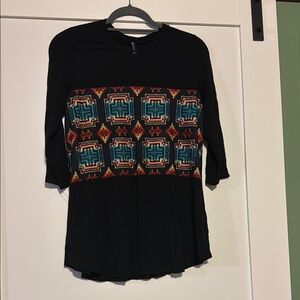 Crazy Train Black and Green Graphic 3/4 Sleeve Blouse